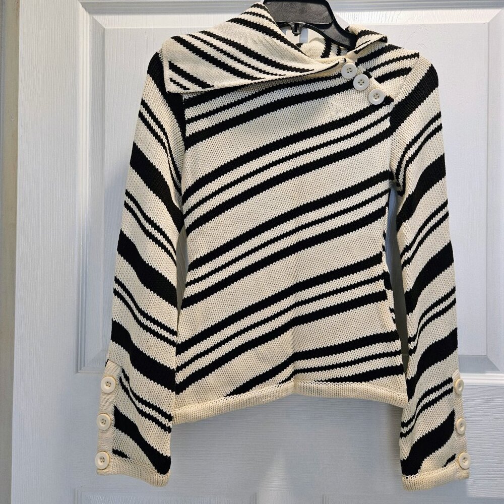 Striped Asymmetric Collar Sweater with Bell Sleeves